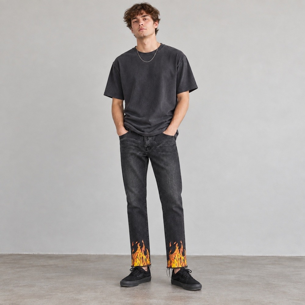 MNML Flame Print Jeans Men's 31x31 Black Cotton Raw Hem Straight Streetwear